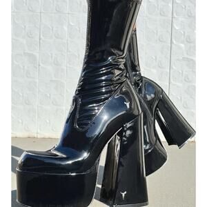 Windsor Smith Black Patent Platform Boots 8.5 Chunky High Heel Latex Alt Gothic